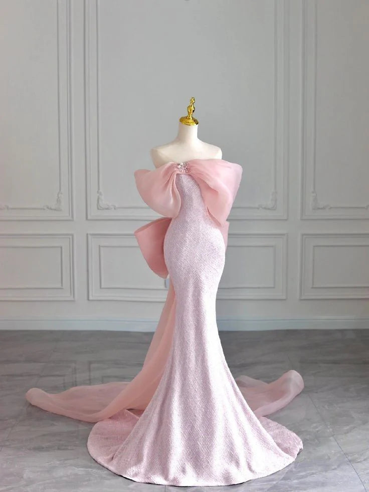 Wholesale Modest Mermaid Strapless Pink Sleeveless Prom Dress Formal Evening Dresses With Bow formal wear dresses